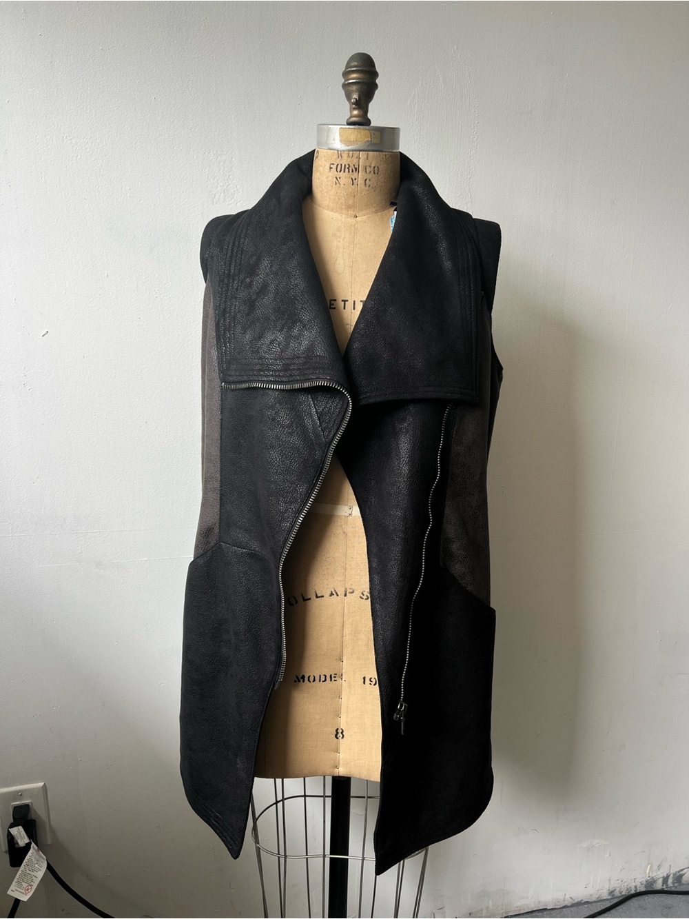 Raison D'etre Sleeveless Black Draped Vegan Suede Vest - Women Jackets‎ & Coats